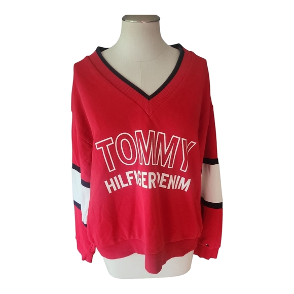 Tommy Hilfiger Denim Red V-Neck Logo Sweatshirt Women’s Size L - Picture 1 of 9